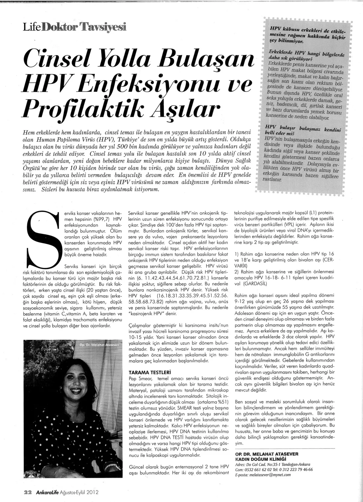 AnkaraLife dergisi, Ağustos–Eylül 2012 — Cinsel Yolla Bulaşan HPV Enfeksiyonu ve Profilaktik Aşılar